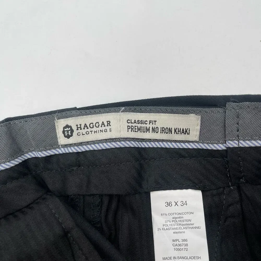 HAGGAR Dress Pants Size 36Wx34L NWT Black Flat Front Classic Fit No Iron Khaki